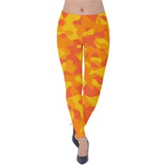 Orange And Yellow Camouflage Pattern Velvet Leggings by SpinnyChairDesigns