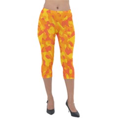 Orange And Yellow Camouflage Pattern Lightweight Velour Capri Leggings  by SpinnyChairDesigns