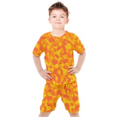 Orange And Yellow Camouflage Pattern Kids  Tee And Shorts Set by SpinnyChairDesigns