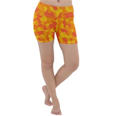 Orange And Yellow Camouflage Pattern Lightweight Velour Yoga Shorts by SpinnyChairDesigns