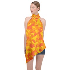 Orange And Yellow Camouflage Pattern Halter Asymmetric Satin Top by SpinnyChairDesigns