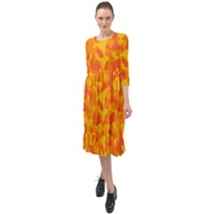 Orange And Yellow Camouflage Pattern Ruffle End Midi Chiffon Dress by SpinnyChairDesigns