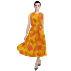 Orange And Yellow Camouflage Pattern Round Neck Boho Dress by SpinnyChairDesigns