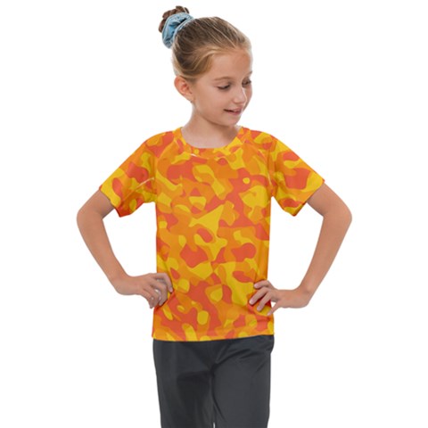 Orange And Yellow Camouflage Pattern Kids  Mesh Piece Tee by SpinnyChairDesigns