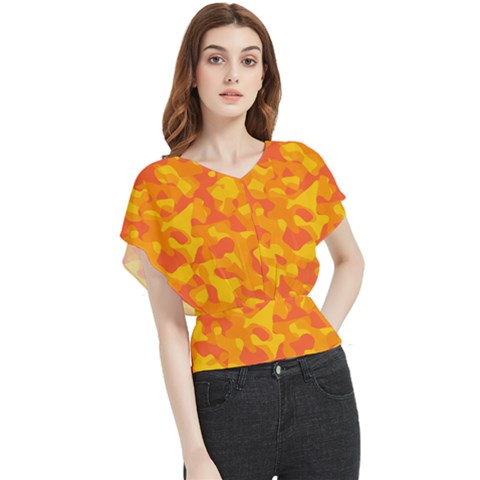 Orange And Yellow Camouflage Pattern Butterfly Chiffon Blouse by SpinnyChairDesigns