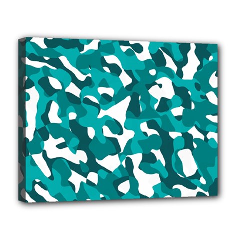 Teal And White Camouflage Pattern Canvas 14  X 11  (stretched) by SpinnyChairDesigns