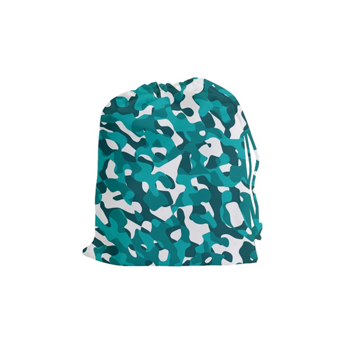 Teal and White Camouflage Pattern Drawstring Pouch (Medium)