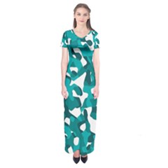 Teal And White Camouflage Pattern Short Sleeve Maxi Dress by SpinnyChairDesigns