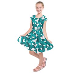 Teal And White Camouflage Pattern Kids  Short Sleeve Dress by SpinnyChairDesigns