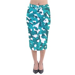 Teal And White Camouflage Pattern Velvet Midi Pencil Skirt by SpinnyChairDesigns