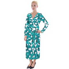 Teal And White Camouflage Pattern Velvet Maxi Wrap Dress by SpinnyChairDesigns