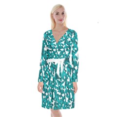 Teal And White Camouflage Pattern Long Sleeve Velvet Front Wrap Dress by SpinnyChairDesigns