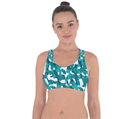 Teal And White Camouflage Pattern Cross String Back Sports Bra by SpinnyChairDesigns