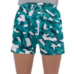 Teal And White Camouflage Pattern Sleepwear Shorts by SpinnyChairDesigns