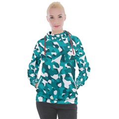 Teal And White Camouflage Pattern Women s Hooded Pullover by SpinnyChairDesigns