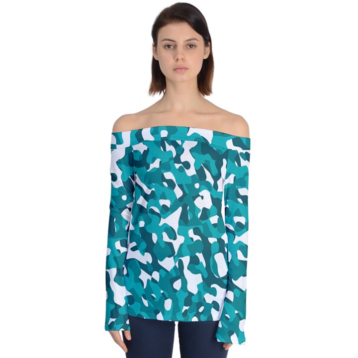 Teal and White Camouflage Pattern Off Shoulder Long Sleeve Top