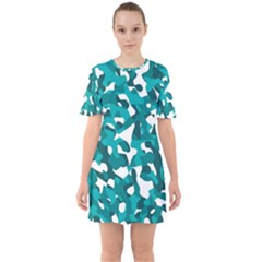 Teal And White Camouflage Pattern Sixties Short Sleeve Mini Dress by SpinnyChairDesigns