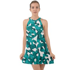 Teal And White Camouflage Pattern Halter Tie Back Chiffon Dress by SpinnyChairDesigns