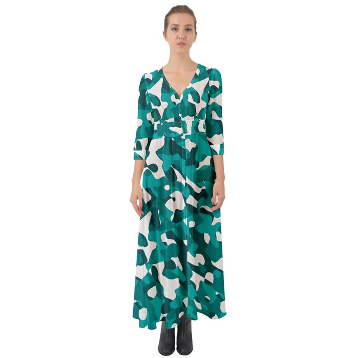 Teal and White Camouflage Pattern Button Up Boho Maxi Dress