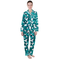 Teal And White Camouflage Pattern Satin Long Sleeve Pyjamas Set by SpinnyChairDesigns