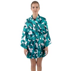 Teal And White Camouflage Pattern Long Sleeve Satin Kimono by SpinnyChairDesigns