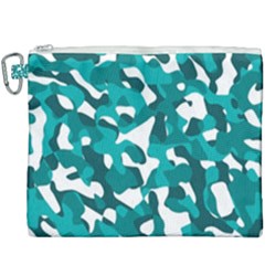 Teal And White Camouflage Pattern Canvas Cosmetic Bag (xxxl) by SpinnyChairDesigns