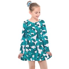 Teal And White Camouflage Pattern Kids  Long Sleeve Dress by SpinnyChairDesigns