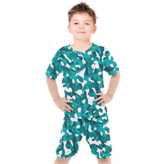 Teal And White Camouflage Pattern Kids  Tee And Shorts Set by SpinnyChairDesigns