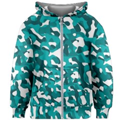 Teal And White Camouflage Pattern Kids  Zipper Hoodie Without Drawstring by SpinnyChairDesigns