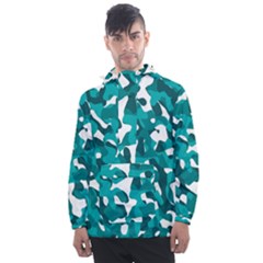 Teal And White Camouflage Pattern Men s Front Pocket Pullover Windbreaker by SpinnyChairDesigns