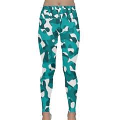 Teal And White Camouflage Pattern Lightweight Velour Classic Yoga Leggings by SpinnyChairDesigns