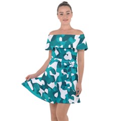 Teal And White Camouflage Pattern Off Shoulder Velour Dress by SpinnyChairDesigns