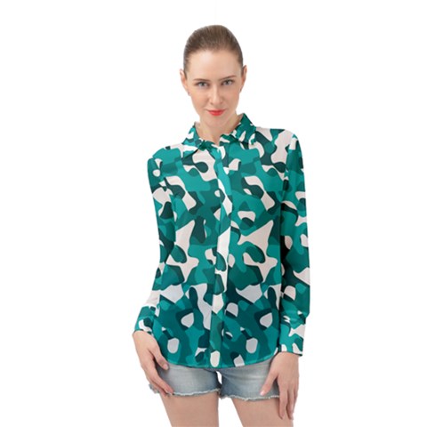 Teal And White Camouflage Pattern Long Sleeve Chiffon Shirt by SpinnyChairDesigns