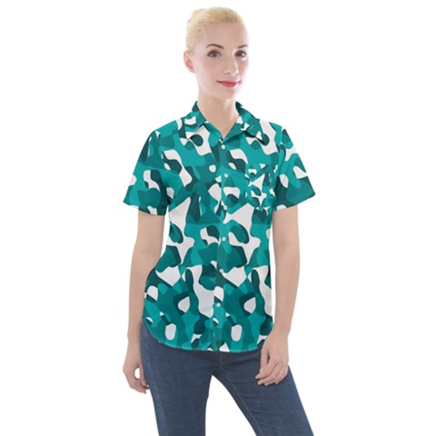 Teal And White Camouflage Pattern Women s Short Sleeve Pocket Shirt by SpinnyChairDesigns