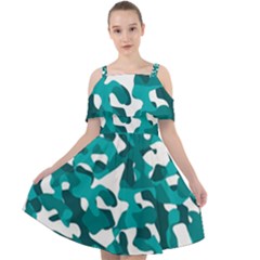 Teal And White Camouflage Pattern Cut Out Shoulders Chiffon Dress