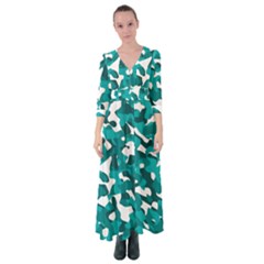 Teal And White Camouflage Pattern Button Up Maxi Dress by SpinnyChairDesigns