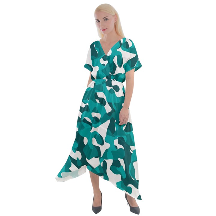 Teal and White Camouflage Pattern Cross Front Sharkbite Hem Maxi Dress