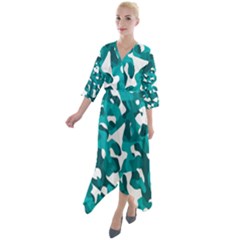 Teal And White Camouflage Pattern Quarter Sleeve Wrap Front Maxi Dress by SpinnyChairDesigns