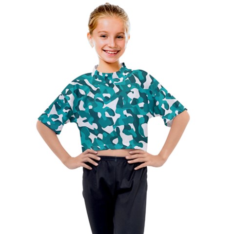 Teal And White Camouflage Pattern Kids Mock Neck Tee by SpinnyChairDesigns