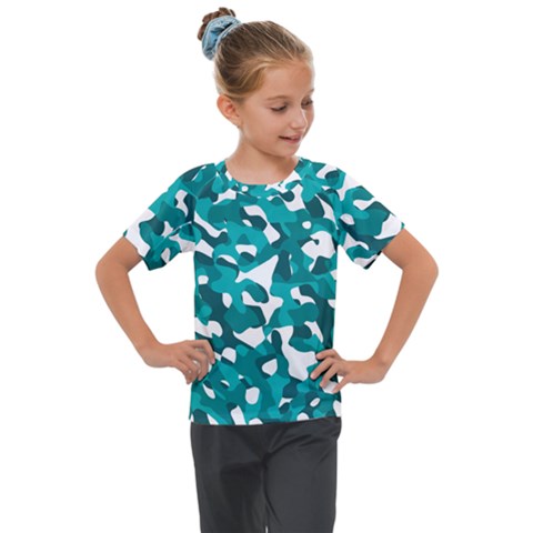 Teal And White Camouflage Pattern Kids  Mesh Piece Tee by SpinnyChairDesigns