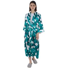 Teal And White Camouflage Pattern Maxi Satin Kimono