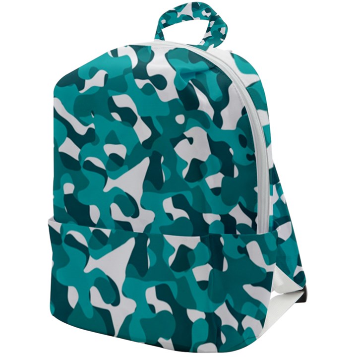 Teal and White Camouflage Pattern Zip Up Backpack