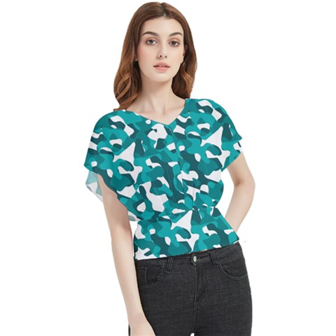 Teal And White Camouflage Pattern Butterfly Chiffon Blouse by SpinnyChairDesigns