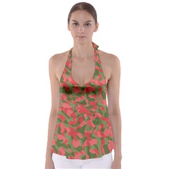 Pink And Green Camouflage Pattern Babydoll Tankini Top by SpinnyChairDesigns