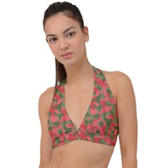 Pink And Green Camouflage Pattern Halter Plunge Bikini Top by SpinnyChairDesigns