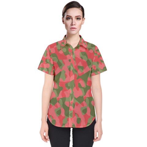 Pink And Green Camouflage Pattern Women s Short Sleeve Shirt by SpinnyChairDesigns