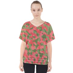 Pink And Green Camouflage Pattern V-neck Dolman Drape Top by SpinnyChairDesigns