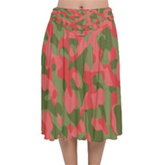 Pink And Green Camouflage Pattern Velvet Flared Midi Skirt by SpinnyChairDesigns