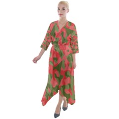 Pink And Green Camouflage Pattern Quarter Sleeve Wrap Front Maxi Dress by SpinnyChairDesigns