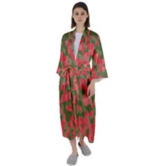 Pink And Green Camouflage Pattern Maxi Satin Kimono